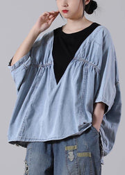 Fine Denim blue Patchwork Black Cotton Loose Shirts Summer - bagstylebliss