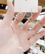 Fine Gold Sterling Silver Zircon Asymmetric Design Rabbit Tassel Drop Earrings