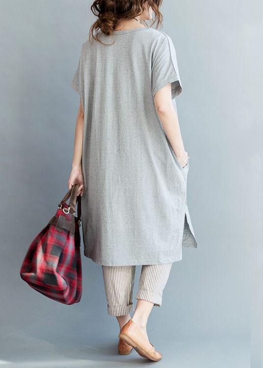 Fine Gray Side Open Letter O Neck Holiday Cotton Dress - bagstylebliss