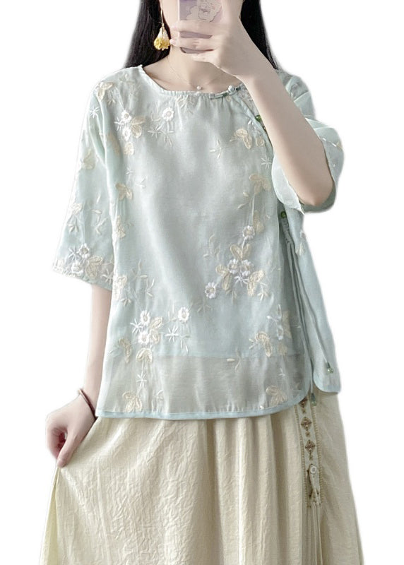 Fine Green Embroidered Button Silk Linen Top Half Sleeve