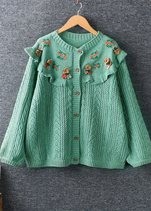 Feiner grüner lockerer Rüschen-bestickter Herbst-Strickpullover mit Knöpfen