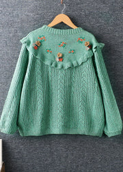 Fine Green Loose Ruffles Embroidered Button Fall Knit Sweater