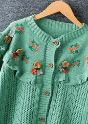 Fine Green Loose Ruffles Embroidered Button Fall Knit Sweater