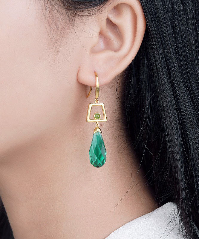 Fine Green Sterling Silver Overgild Inlaid Crystal Jade Drop Earrings