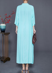 Fine Green V Neck Wrinkled Linen Long Dress Bracelet Sleeve