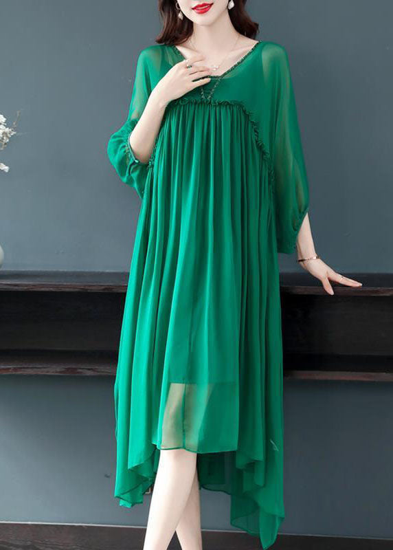 Fine Green V Neck Wrinkled Patchwork Silk Two Pieces Set Summer