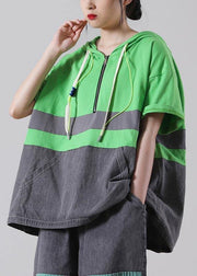 Fine Green hooded Patchwork Cotton Blouses Summer - bagstylebliss