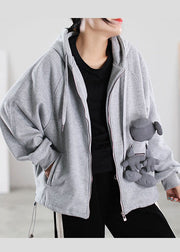 Fine Grey Hooded Pockets Warm Fleece Sweatshirts Top Spring Coat