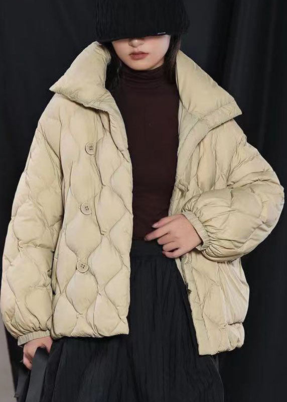 Fine Khaki Loose Stand Collar Pockets Winter Duck Down Puffer Coat