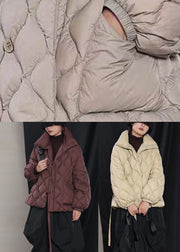 Fine Khaki Loose Stand Collar Pockets Winter Duck Down Puffer Coat