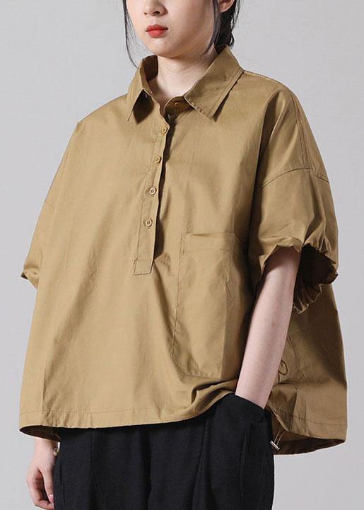 Fine Khaki Pockets Cotton Tops Short Sleeve - bagstylebliss