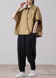 Fine Khaki Pockets Cotton Tops Short Sleeve - bagstylebliss