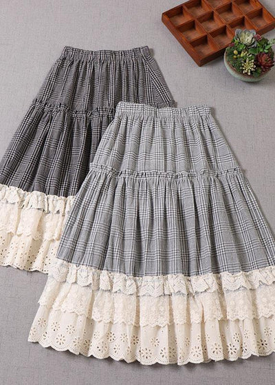 Fine Light Gray Plaid Patchwork Wrinkled Lace Fall Skirts - bagstylebliss