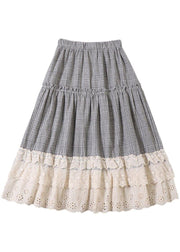Fine Light Gray Plaid Patchwork Wrinkled Lace Fall Skirts - bagstylebliss