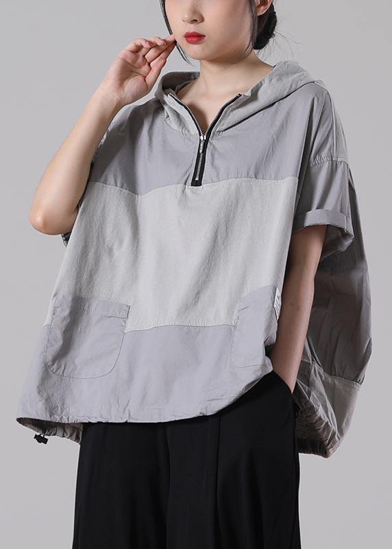 Fine Light Grey zippered Patchwork Cotton T Shirt Summer - bagstylebliss