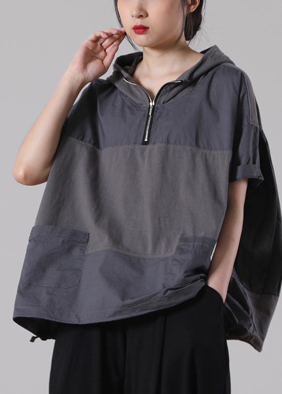 Fine Light Grey zippered Patchwork Cotton T Shirt Summer - bagstylebliss