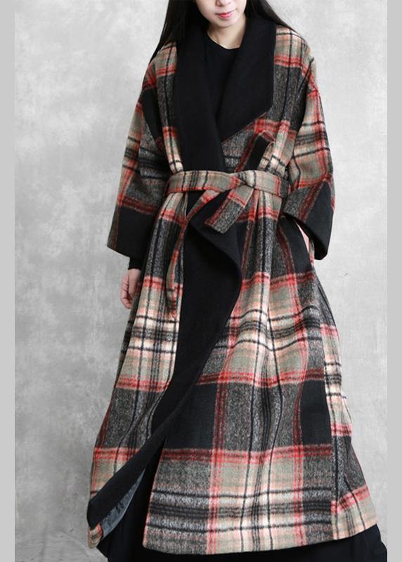 Fine Loose fitting maxi coat red plaid Notched tie waist Woolen Coat Women - bagstylebliss