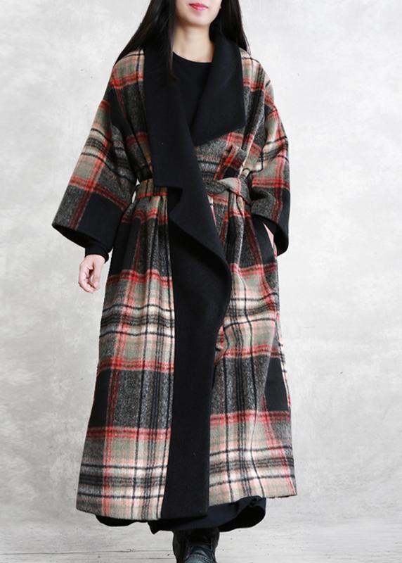 Fine Loose fitting maxi coat red plaid Notched tie waist Woolen Coat Women - bagstylebliss