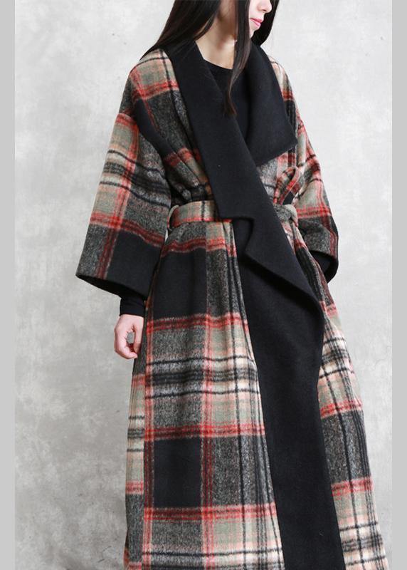 Fine Loose fitting maxi coat red plaid Notched tie waist Woolen Coat Women - bagstylebliss