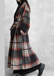 Fine Loose fitting maxi coat red plaid Notched tie waist Woolen Coat Women - bagstylebliss