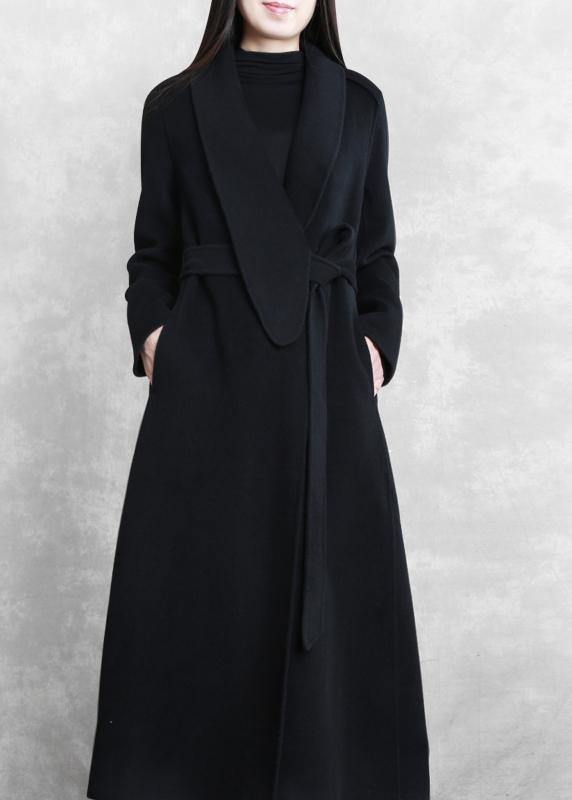 Fine Loose fitting maxi coat woolen outwear black tie waist pockets overcoat - bagstylebliss