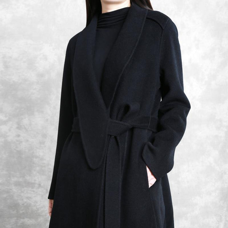 Fine Loose fitting maxi coat woolen outwear black tie waist pockets overcoat - bagstylebliss