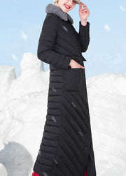 Fine Loose fitting snow jackets rabbit wool collar overcoat black big pockets down jacket woman - bagstylebliss