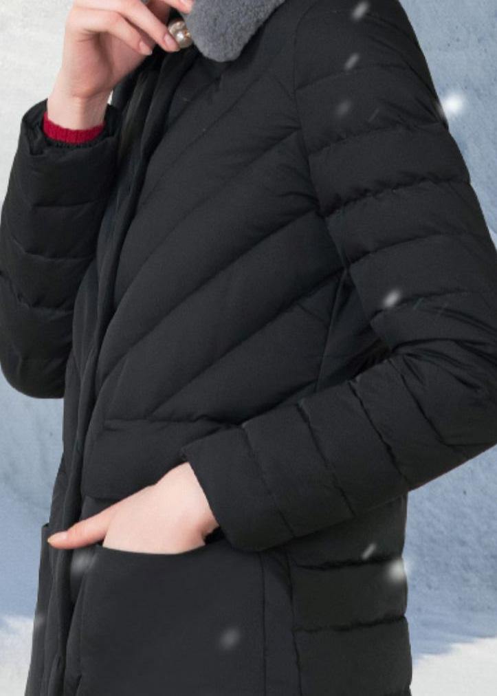 Fine Loose fitting snow jackets rabbit wool collar overcoat black big pockets down jacket woman - bagstylebliss