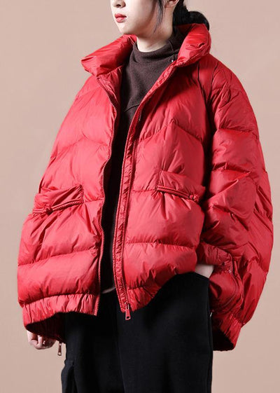 Fine Loose fitting snow jackets zippered Jackets red stand collar goose Down jackets - bagstylebliss