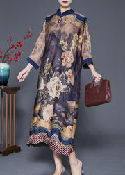 Fine Mandarin Collar Print Silk Maxi Dresses Bracelet Sleeve