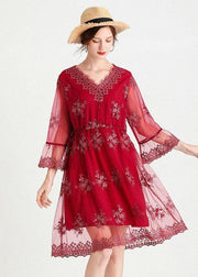 Fine Mulberry V Neck Jacquard Spring Three Quarter Sleeve Dress - bagstylebliss