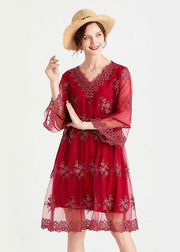 Fine Mulberry V Neck Jacquard Spring Three Quarter Sleeve Dress - bagstylebliss