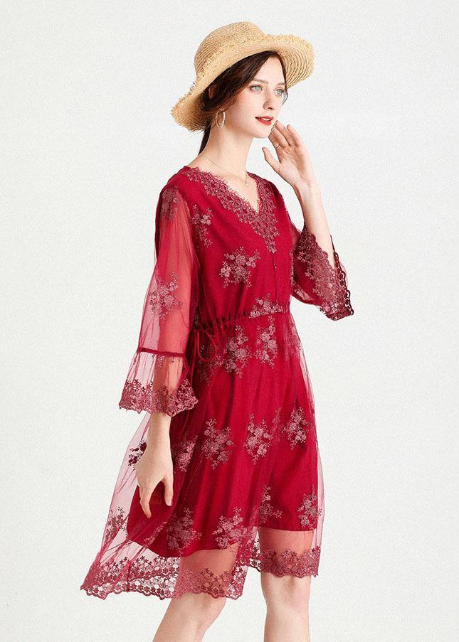 Fine Mulberry V Neck Jacquard Spring Three Quarter Sleeve Dress - bagstylebliss