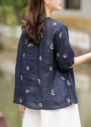 Fine Navy Embroidered Patchwork Linen Shirt Top Summer