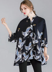 Fine Navy Stand Collar Asymmetrical Design Fall Three Quarter Sleeve Shirt Top - bagstylebliss