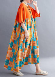 Fine Orange Loose Patchwork Print Summer Holiday Dress Half Sleeve - bagstylebliss