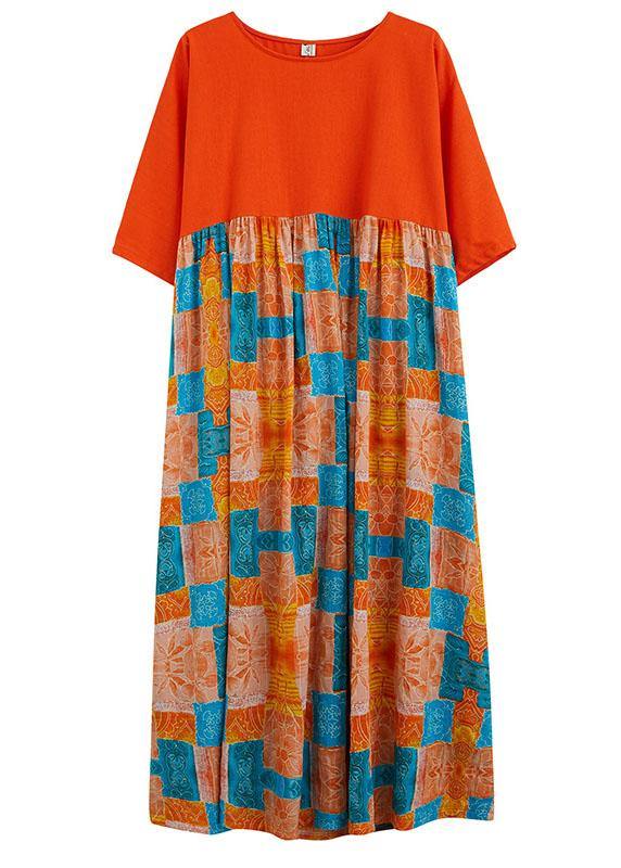 Fine Orange Loose Patchwork Print Summer Holiday Dress Half Sleeve - bagstylebliss
