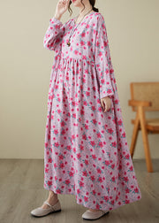 Fine Pink O-Neck Print Patchwork Long Dress Spring