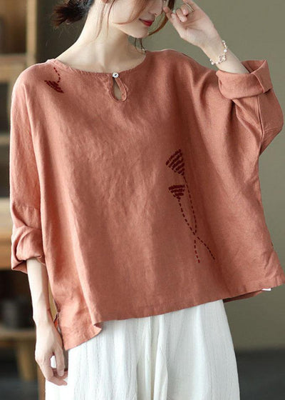Fine Pink Oriental Retro O-Neck Fall Linen Long Sleeve Blouse Tops - bagstylebliss