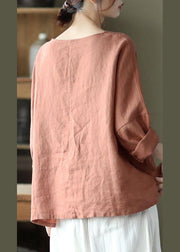 Fine Pink Oriental Retro O-Neck Fall Linen Long Sleeve Blouse Tops - bagstylebliss
