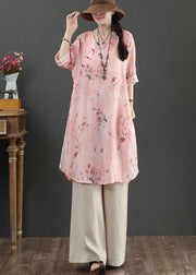 Fine Pink Print Pockets Long Linen Summer Blouse Tops - bagstylebliss