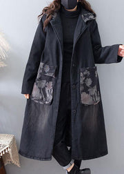 Fine Plus Size Clothing Coats Denim Black Hooded Pockets Outwear - bagstylebliss