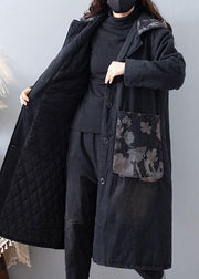 Fine Plus Size Clothing Coats Denim Black Hooded Pockets Outwear - bagstylebliss