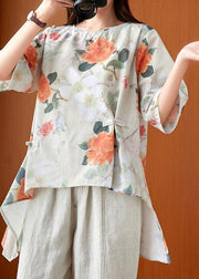 Fine Print low high design Oriental Linen Summer Blouse Top - bagstylebliss