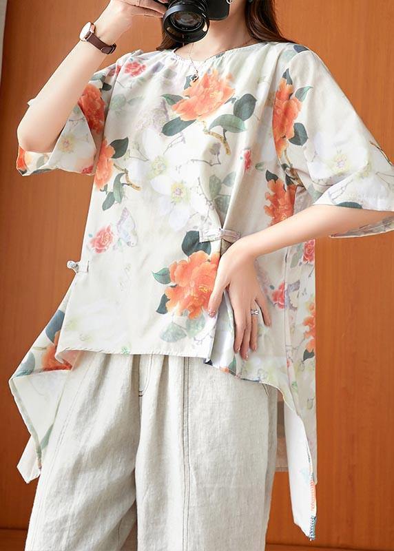 Fine Print low high design Oriental Linen Summer Blouse Top - bagstylebliss