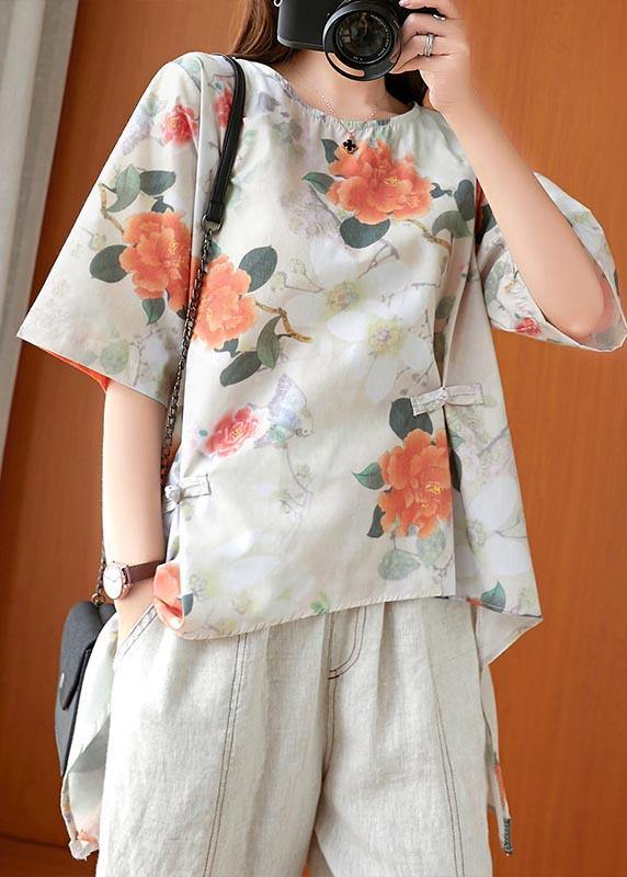 Fine Print low high design Oriental Linen Summer Blouse Top - bagstylebliss