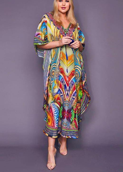 Fine Print tie Chiffon Loose kimono robe Maxi Dress - bagstylebliss