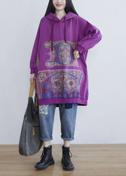 Fine Purple Hooded Print Cotton Mid Dress Spring