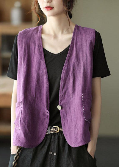 Fine Purple Pockets Button Linen Vest - bagstylebliss
