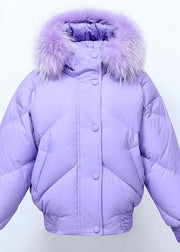 Fine Purple Fur collar hooded Loose Winter Duck Down Puffer Jacket